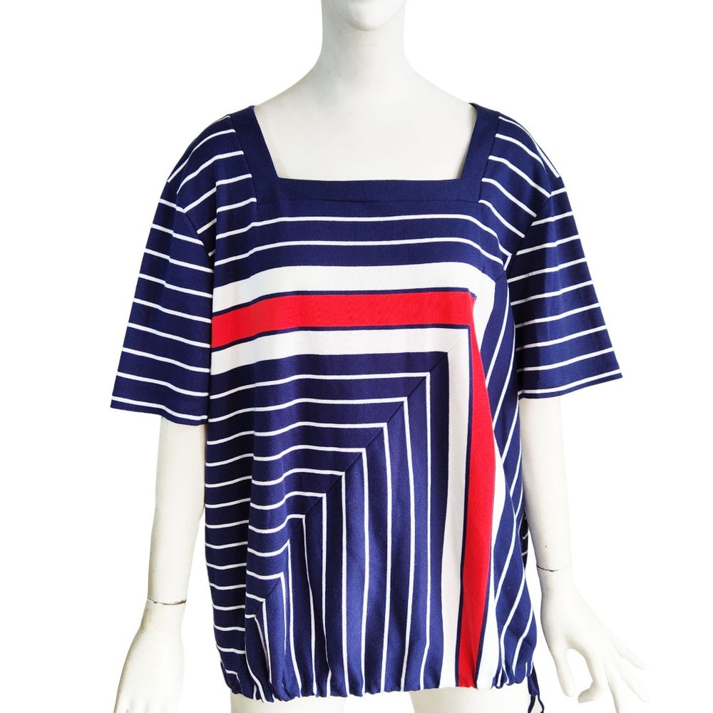 Vintage Aileen II Geometric Angle Stripe Cotton Knit Blouson Tunic Top Sz 2XL
